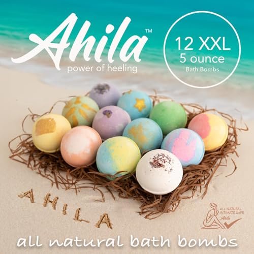 Ahila Power of Healing 12 XXL Bubbly Organic Bath Bombs Gift Set - Long Lasting Floaters, Relaxing Aromatherapy with Pure Essential Oils, Shea Butter & Coconut Butter - Designed in Canada Avelisse