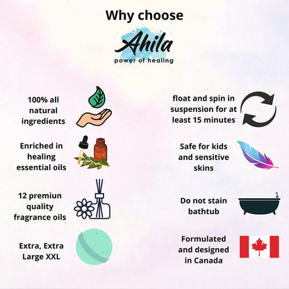 Ahila Power of Healing 12 XXL Bubbly Organic Bath Bombs Gift Set - Long Lasting Floaters, Relaxing Aromatherapy with Pure Essential Oils, Shea Butter & Coconut Butter - Designed in Canada Avelisse