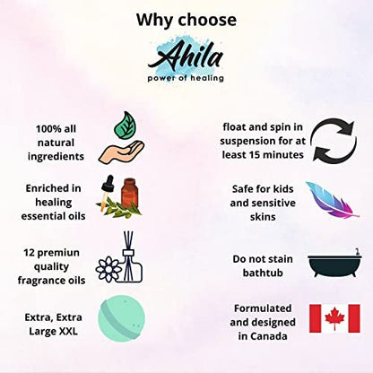 Ahila Power of Healing 12 XXL Bubbly Organic Bath Bombs Gift Set - Long Lasting Floaters, Relaxing Aromatherapy with Pure Essential Oils, Shea Butter & Coconut Butter - Designed in Canada Avelisse