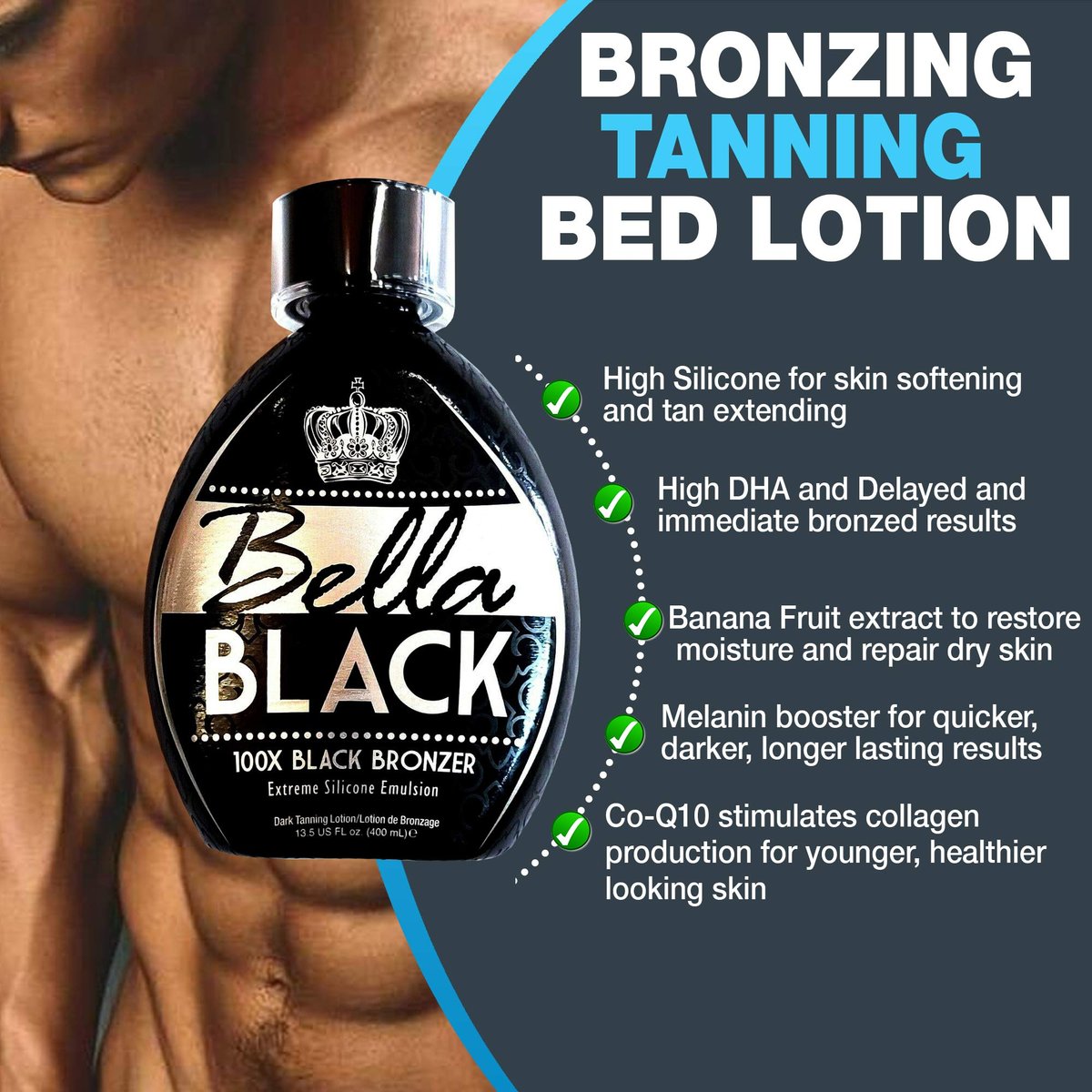 Bella Black 100X Bronzer Tanning Lotion – Premium Indoor Tanning Bed Lotion with Extreme Silicone Emulsion & Banana Fruit Extract, 13.5 oz Avelisse