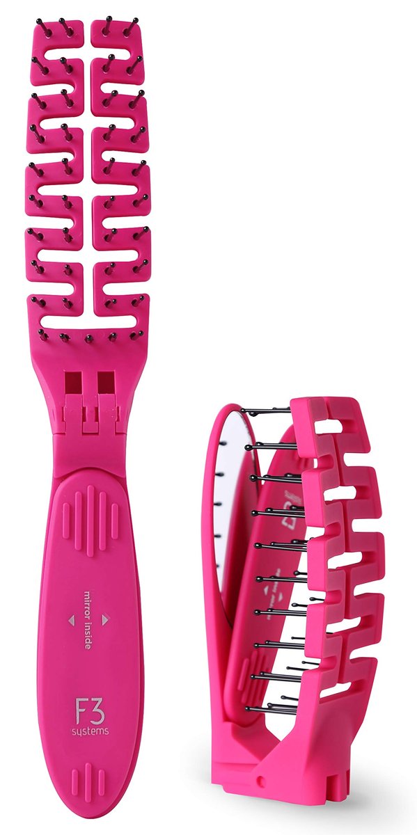F3 Systems Compact Folding Hair Brush with Mirror - Detangling Comb for Adults & Kids, Portable for Travel & Storage, Wet & Dry Hair (Pink) - görsel 1