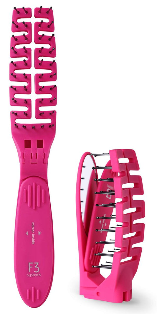 F3 Systems Compact Folding Hair Brush with Mirror - Detangling Comb for Adults & Kids, Portable for Travel & Storage, Wet & Dry Hair (Pink)