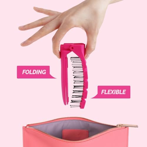 F3 Systems Compact Folding Hair Brush with Mirror - Detangling Comb for Adults & Kids, Portable for Travel & Storage, Wet & Dry Hair (Pink) - görsel 4