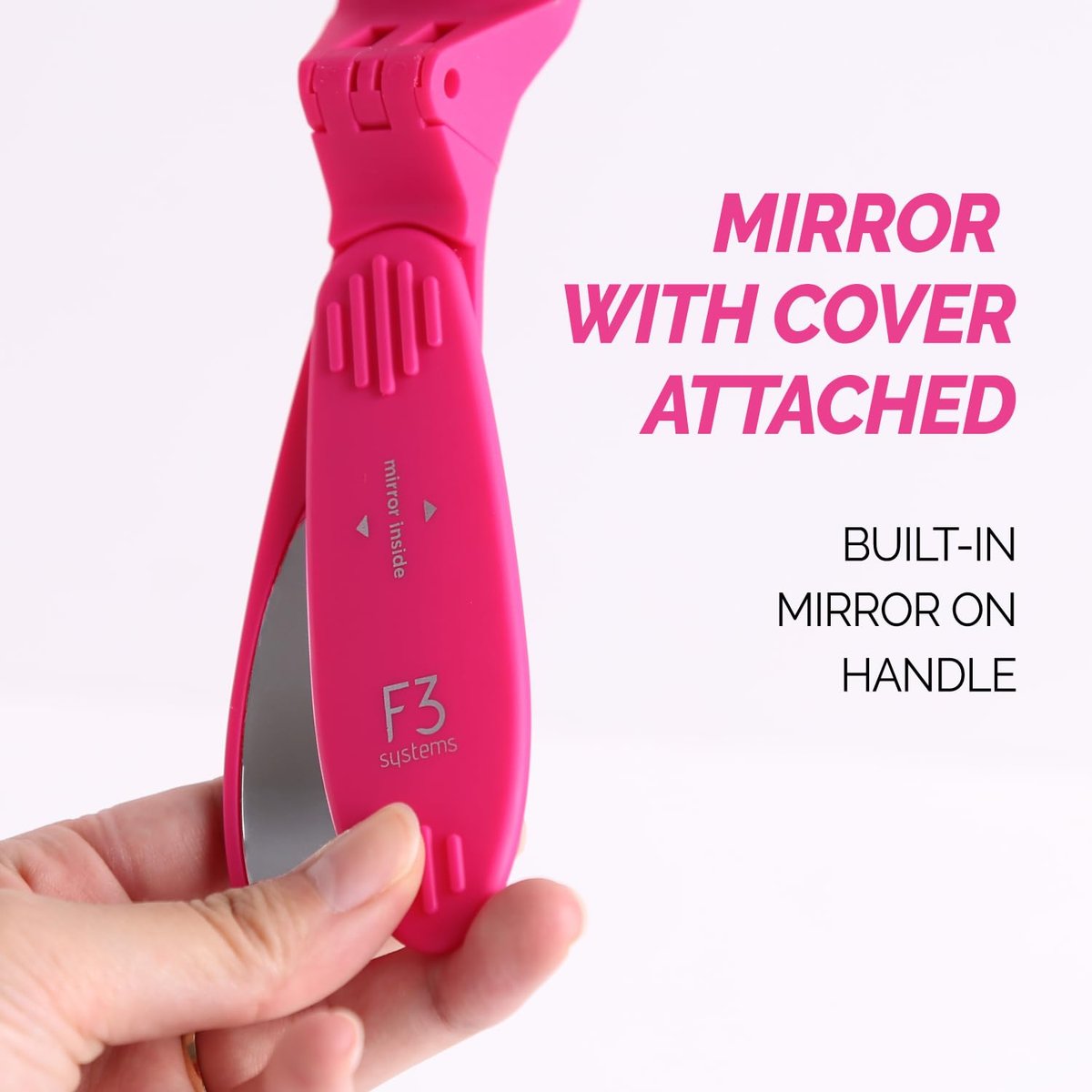 F3 Systems Compact Folding Hair Brush with Mirror - Detangling Comb for Adults & Kids, Portable for Travel & Storage, Wet & Dry Hair (Pink) - görsel 5