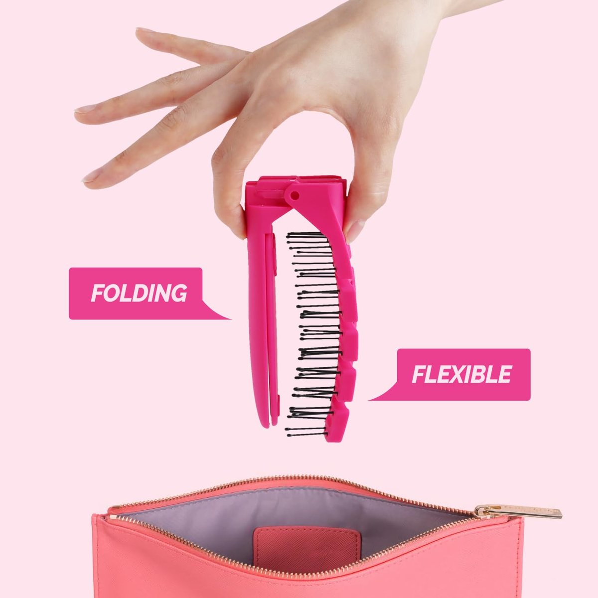 F3 Systems Compact Folding Hair Brush with Mirror - Detangling Comb for Adults & Kids, Portable for Travel & Storage, Wet & Dry Hair (Pink) - görsel 3