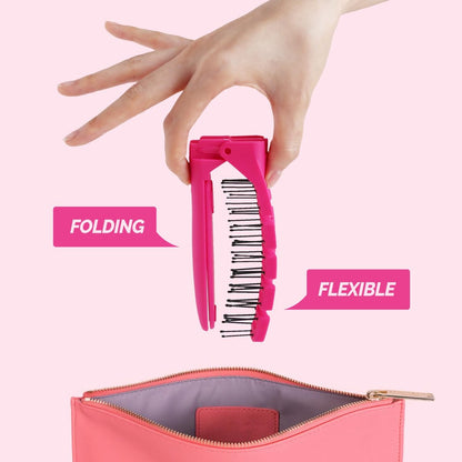 F3 Systems Compact Folding Hair Brush with Mirror - Detangling Comb for Adults & Kids, Portable for Travel & Storage, Wet & Dry Hair (Pink)