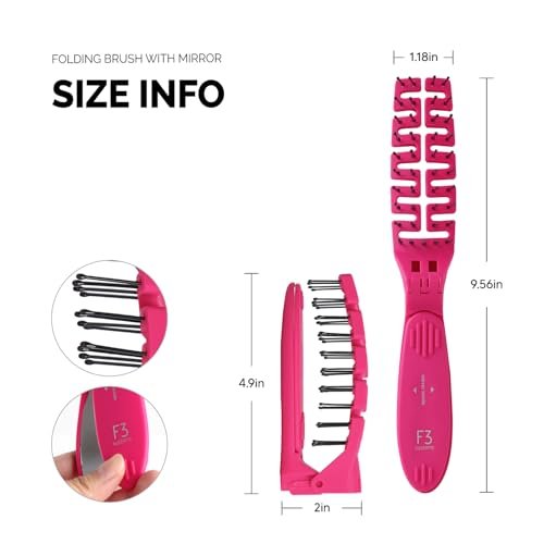F3 Systems Compact Folding Hair Brush with Mirror - Detangling Comb for Adults & Kids, Portable for Travel & Storage, Wet & Dry Hair (Pink) - görsel 14