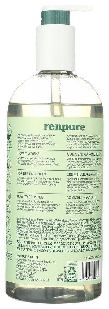 Renpure Plant Based Tea Tree and Rosemary Refresh and Rebalance Shampoo - Soothes Dry Scalp, Delivers Moisture and Shine, Dye Free, Recyclable Pump Bottle - 24 fl oz - görsel 3
