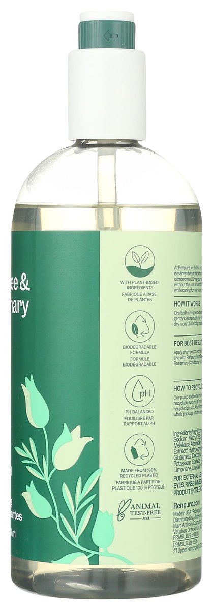 Renpure Plant Based Tea Tree and Rosemary Refresh and Rebalance Shampoo - Soothes Dry Scalp, Delivers Moisture and Shine, Dye Free, Recyclable Pump Bottle - 24 fl oz - görsel 9
