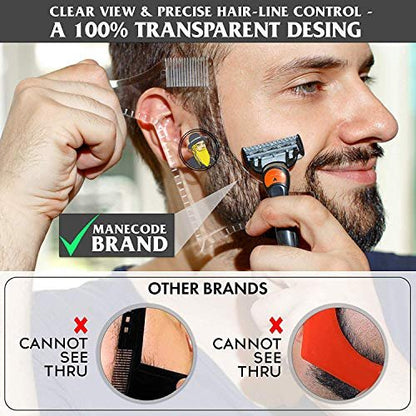 Men's Beard Shaping Tool with Inbuilt Comb – Transparent Template for Goatee, Mustache, Sideburns, Jaw/Neck Line, Symmetric/Curve/Step Cut (Clear)