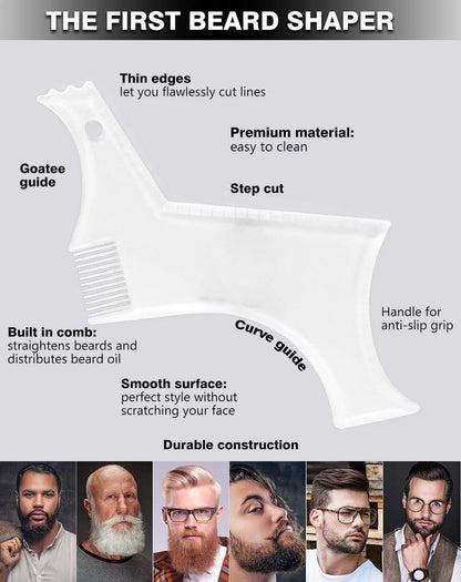 Men's Beard Shaping Tool with Inbuilt Comb – Transparent Template for Goatee, Mustache, Sideburns, Jaw/Neck Line, Symmetric/Curve/Step Cut (Clear)