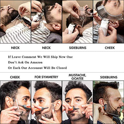 Men's Beard Shaping Tool with Inbuilt Comb – Transparent Template for Goatee, Mustache, Sideburns, Jaw/Neck Line, Symmetric/Curve/Step Cut (Clear)