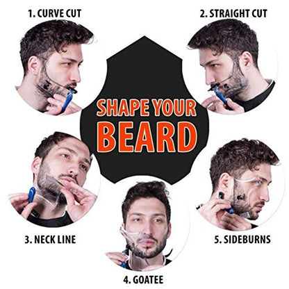 Men's Beard Shaping Tool with Inbuilt Comb – Transparent Template for Goatee, Mustache, Sideburns, Jaw/Neck Line, Symmetric/Curve/Step Cut (Clear)