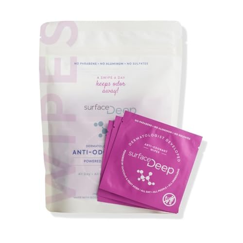 Surface Deep Deodorant Wipes - Dermatologist Developed Anti-Odorant Body Wipes for Travel, Natural Formula, 30 Individually Wrapped Wipes for Women and Men Avelisse