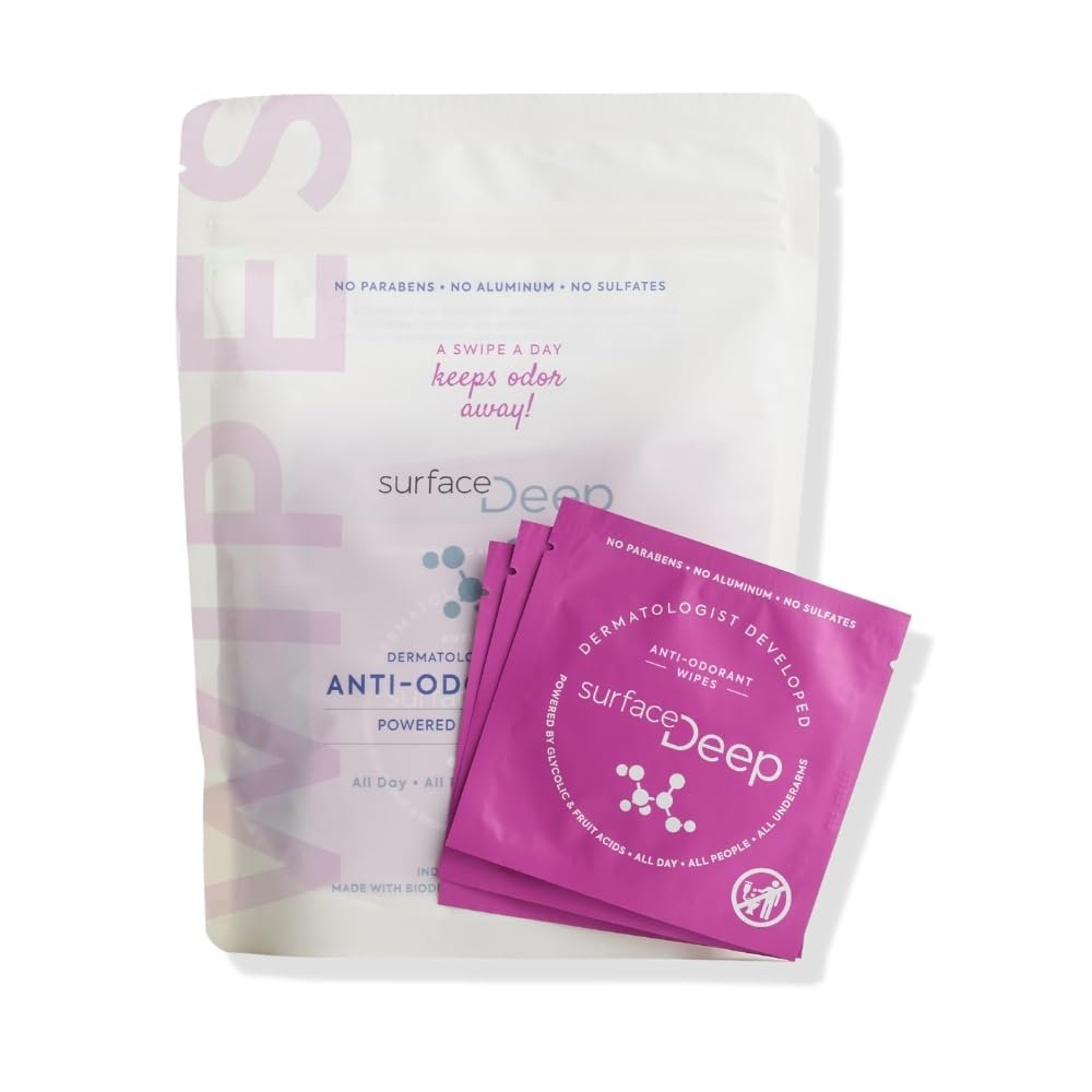 Surface Deep Deodorant Wipes - Dermatologist Developed Anti-Odorant Body Wipes for Travel, Natural Formula, 30 Individually Wrapped Wipes for Women and Men Avelisse