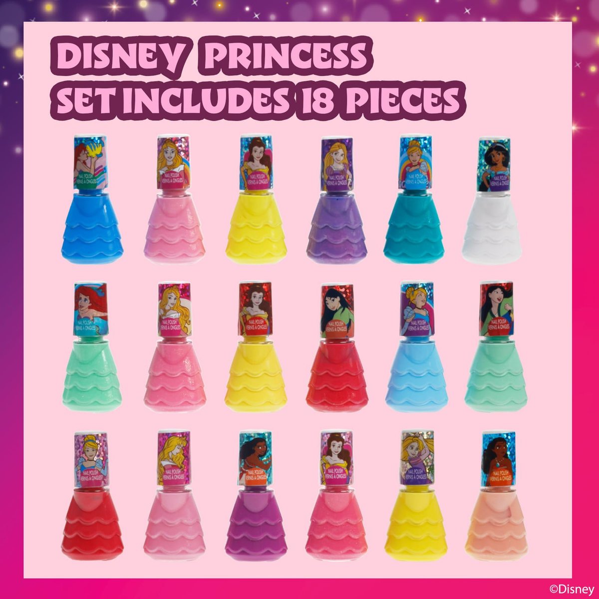 Townley Girl Disney Princess 18-Piece Water-Based Nail Polish Set - Quick Dry, Peels-Off, Safe for Ages 3+ Avelisse