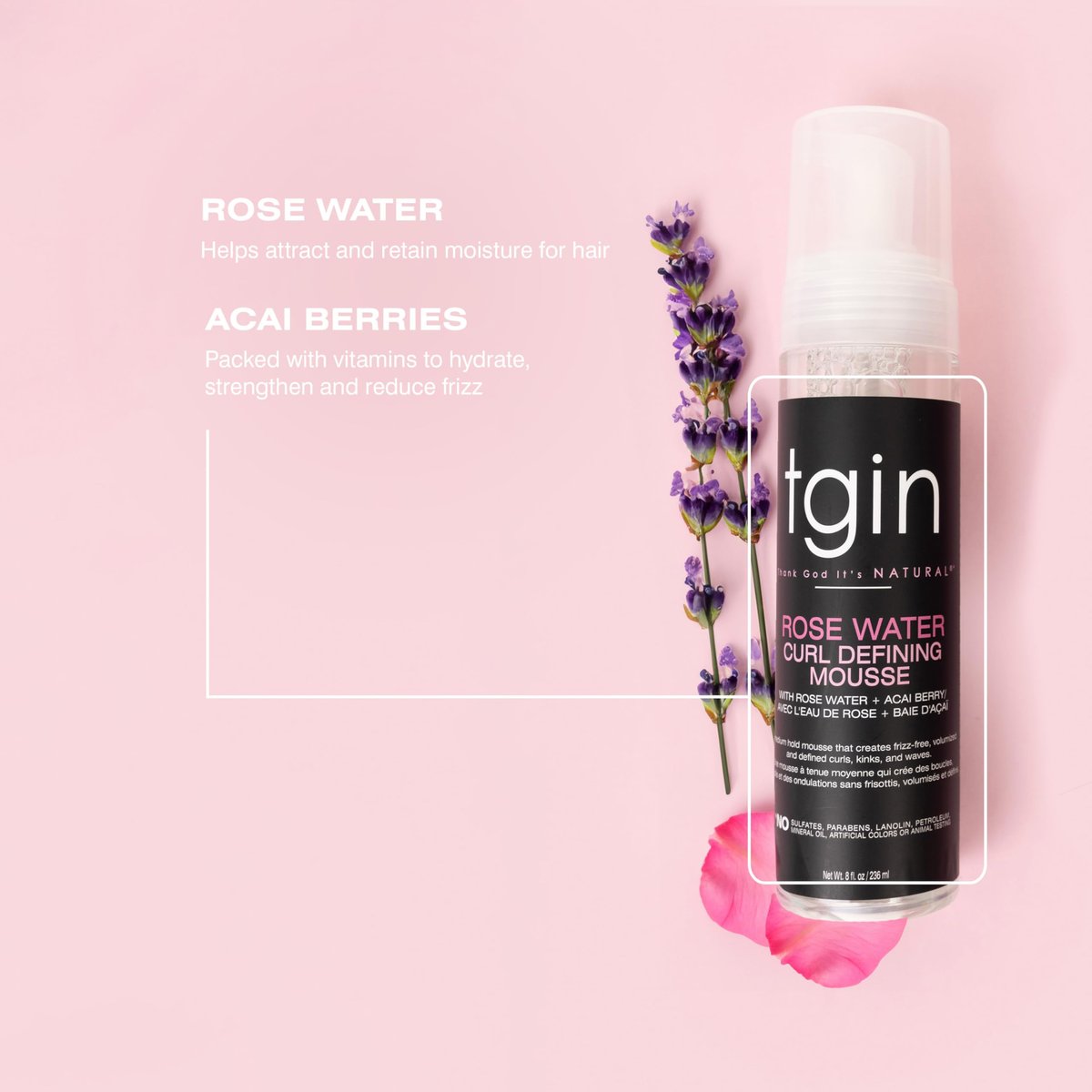 tgin Rose Water Curl Defining Mousse – Lightweight Hold, Moisturizing Curly Hair Mousse – Sulfate-Free & Paraben-Free, 8 Fl Oz Avelisse