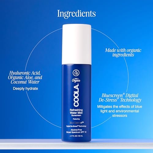 COOLA Organic Refreshing Water Mist Face Moisturizer with SPF 18, Plant-Derived BlueScreen Technology, 1.7 Fl Oz Avelisse