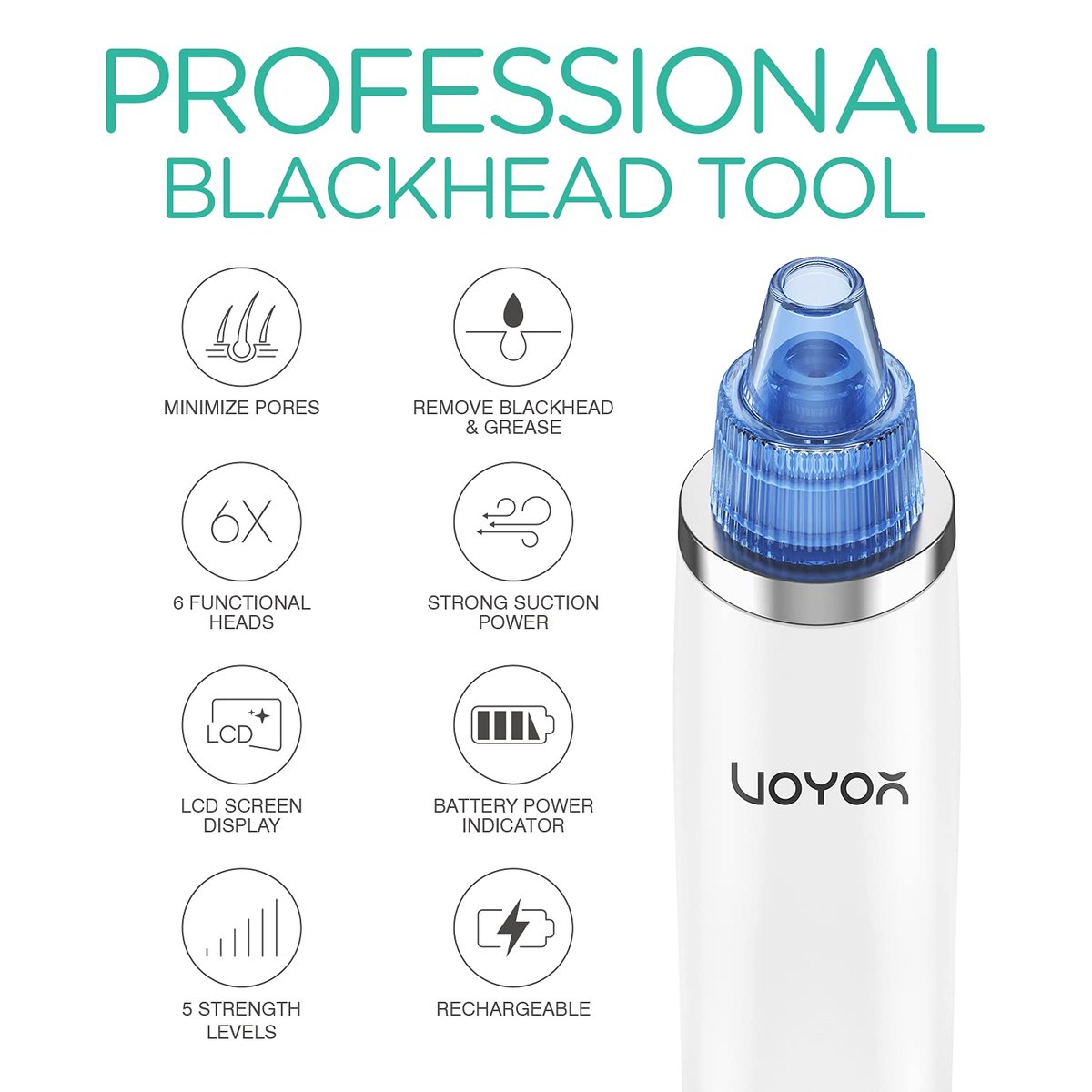 VOYOR Blackhead Remover Pore Vacuum - Black Head Remover for Face with LCD Screen, 5 Suction Levels and 6 Replaceable Heads, USB Rechargeable Face Vacuum Pore Cleaner for Women and Men (BR510) - görsel 3