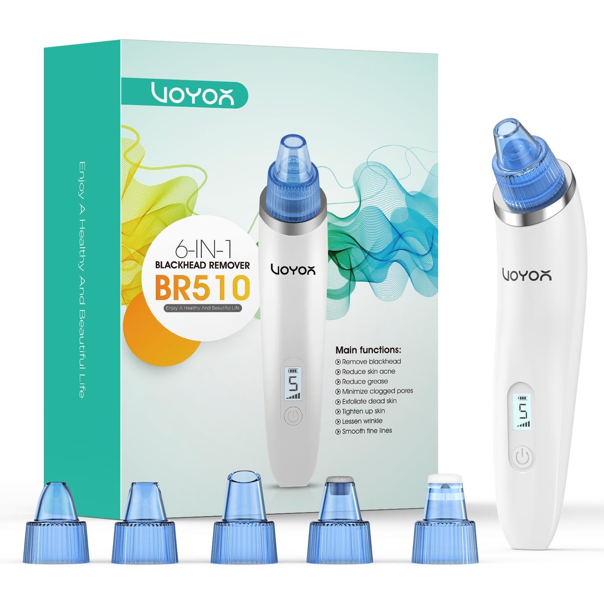 VOYOR Blackhead Remover Pore Vacuum - Black Head Remover for Face with LCD Screen, 5 Suction Levels and 6 Replaceable Heads, USB Rechargeable Face Vacuum Pore Cleaner for Women and Men (BR510) - görsel 1