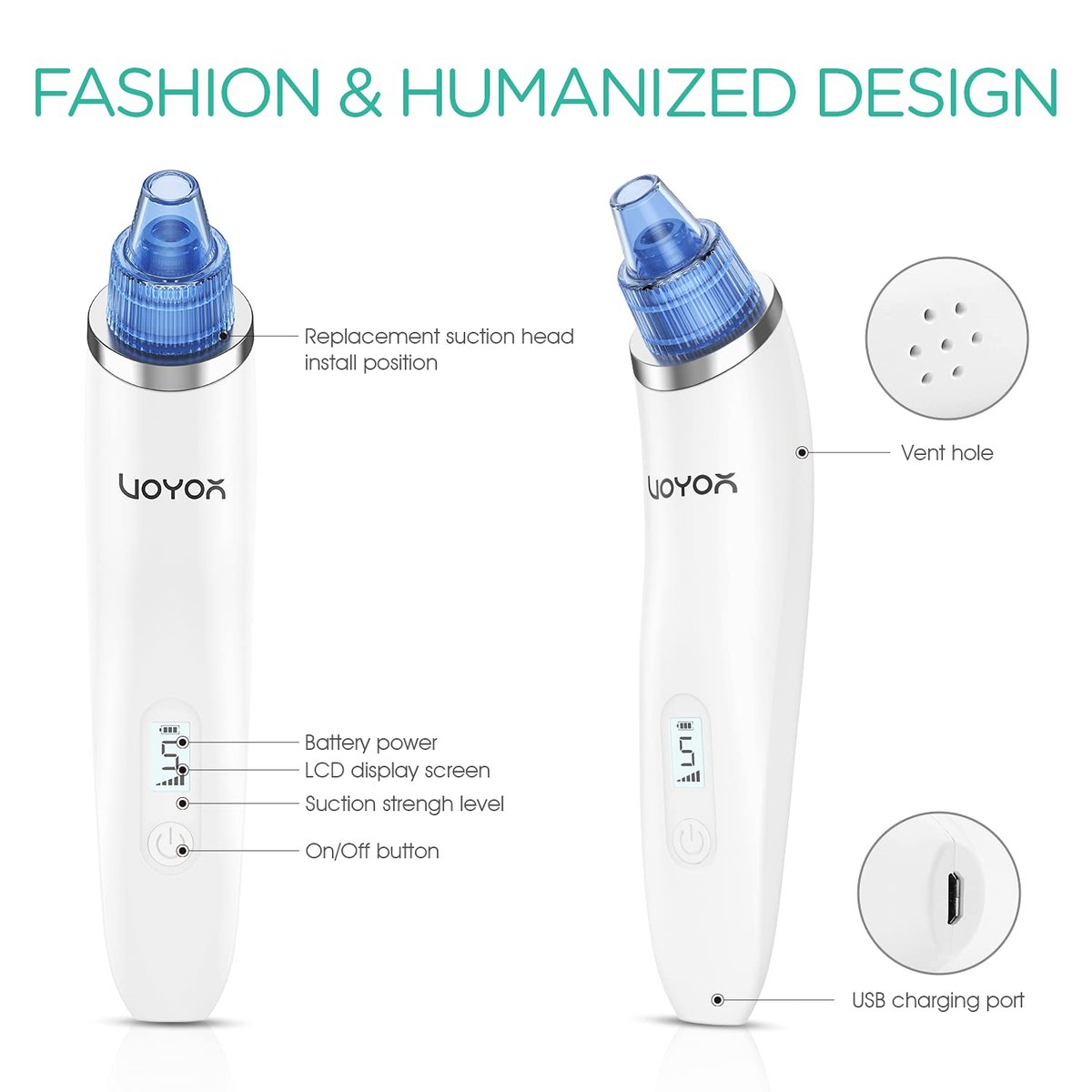 VOYOR Blackhead Remover Pore Vacuum - Black Head Remover for Face with LCD Screen, 5 Suction Levels and 6 Replaceable Heads, USB Rechargeable Face Vacuum Pore Cleaner for Women and Men (BR510) - görsel 11
