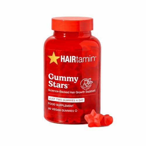 HAIRtamin Vegan Gummy Stars Hair Vitamins – Natural Biotin Gummies for Hair, Skin & Nails (60 Count) Avelisse
