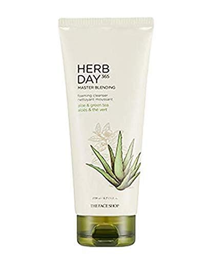 The Face Shop Herb Day 365 Master Blending Cleansing Foam Aloe & Green Tea - Moisturizing Face Wash for All Skin Types, 5.7 Fl Oz