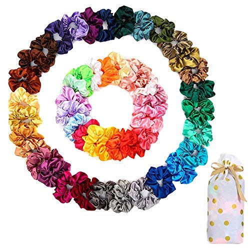50 Satin Hair Scrunchies in Multiple Colors - Silk Accessories for Curly Hair, Teens and Girls - With Gift Bag - görsel 2