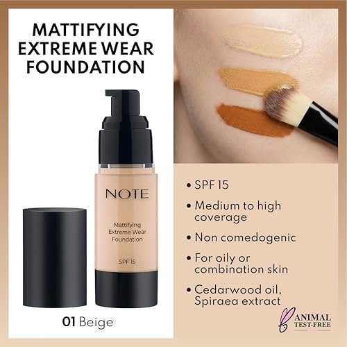 Note Cosmetique Mattifying Extreme Wear Liquid Foundation SPF 15 - Full Coverage Foundation for Oily Skin - 01 Beige - 1 oz - görsel 4