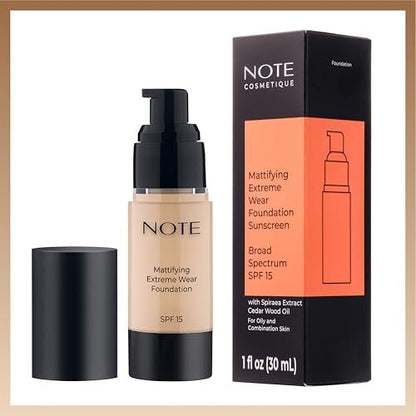 Note Cosmetique Mattifying Extreme Wear Liquid Foundation SPF 15 - Full Coverage Foundation for Oily Skin - 01 Beige - 1 oz