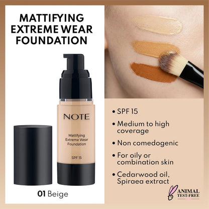 Note Cosmetique Mattifying Extreme Wear Liquid Foundation SPF 15 - Full Coverage Foundation for Oily Skin - 01 Beige - 1 oz