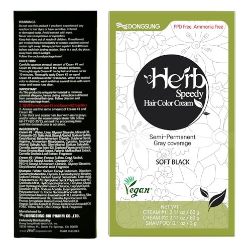 Herb Speedy Color Cream (Soft Black) – Korean Herbal Vegan Hair Dye, PPD-Free & Ammonia-Free, Hypoallergenic, 100% Gray Coverage, Odorless, Dermatologically Tested, Quick 20-Minute Application Avelisse