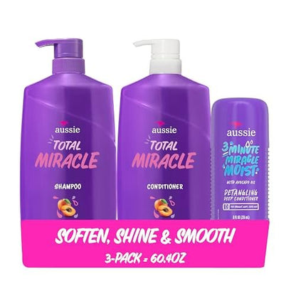 Aussie Total Miracle Hair Care Bundle: Shampoo, Conditioner & 3 Minute Deep Treatment with Apricot & Macadamia Oil for Damaged Hair, Paraben-Free, 26.2 & 8 Fl Oz Avelisse