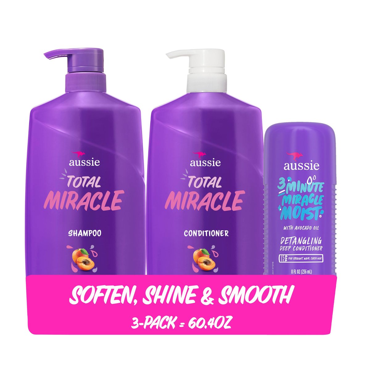 Aussie Total Miracle Hair Care Bundle: Shampoo, Conditioner & 3 Minute Deep Treatment with Apricot & Macadamia Oil for Damaged Hair, Paraben-Free, 26.2 & 8 Fl Oz Avelisse