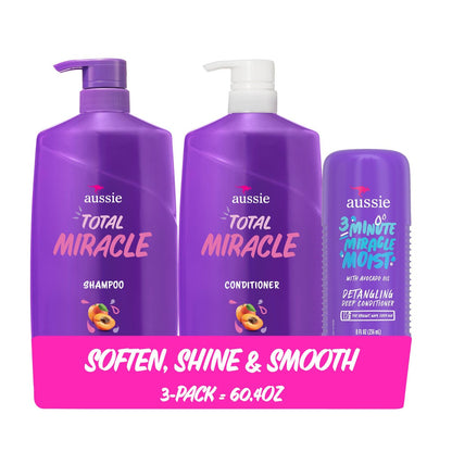 Aussie Total Miracle Hair Care Bundle: Shampoo, Conditioner & 3 Minute Deep Treatment with Apricot & Macadamia Oil for Damaged Hair, Paraben-Free, 26.2 & 8 Fl Oz Avelisse