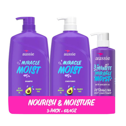 Aussie Miracle Moist Shampoo and Conditioner Set with 3 Minute Miracle Deep Conditioner, Avocado & Jojoba Oil, Paraben-Free, Moisturizes & Detangles, All Hair Types, Citrus Floral Scent, 3 Pack 68.4 Fl Oz Avelisse