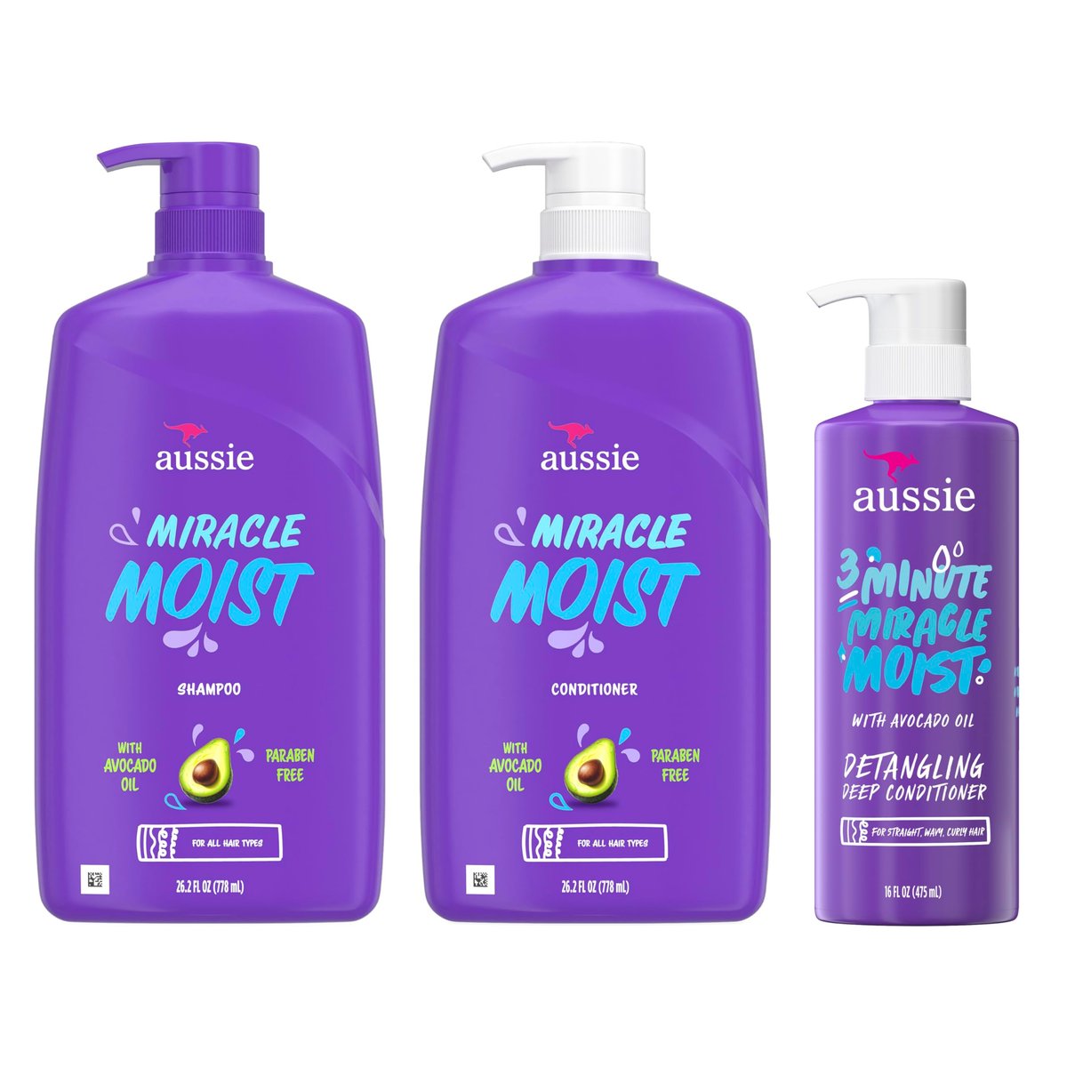 Aussie Miracle Moist Shampoo and Conditioner Set with 3 Minute Miracle Deep Conditioner, Avocado & Jojoba Oil, Paraben-Free, Moisturizes & Detangles, All Hair Types, Citrus Floral Scent, 3 Pack 68.4 Fl Oz Avelisse