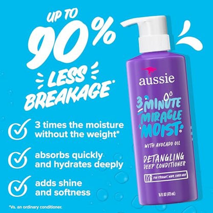Aussie Miracle Moist Shampoo and Conditioner Set with 3 Minute Miracle Deep Conditioner, Avocado & Jojoba Oil, Paraben-Free, Moisturizes & Detangles, All Hair Types, Citrus Floral Scent, 3 Pack 68.4 Fl Oz Avelisse