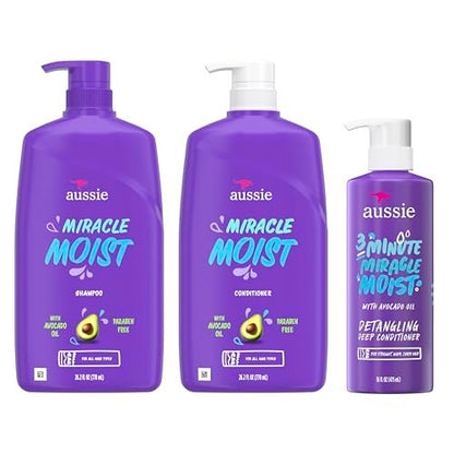 Aussie Miracle Moist Shampoo and Conditioner Set with 3 Minute Miracle Deep Conditioner, Avocado & Jojoba Oil, Paraben-Free, Moisturizes & Detangles, All Hair Types, Citrus Floral Scent, 3 Pack 68.4 Fl Oz Avelisse