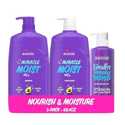 Aussie Miracle Moist Shampoo and Conditioner Set with 3 Minute Miracle Deep Conditioner, Avocado & Jojoba Oil, Paraben-Free, Moisturizes & Detangles, All Hair Types, Citrus Floral Scent, 3 Pack 68.4 Fl Oz Avelisse