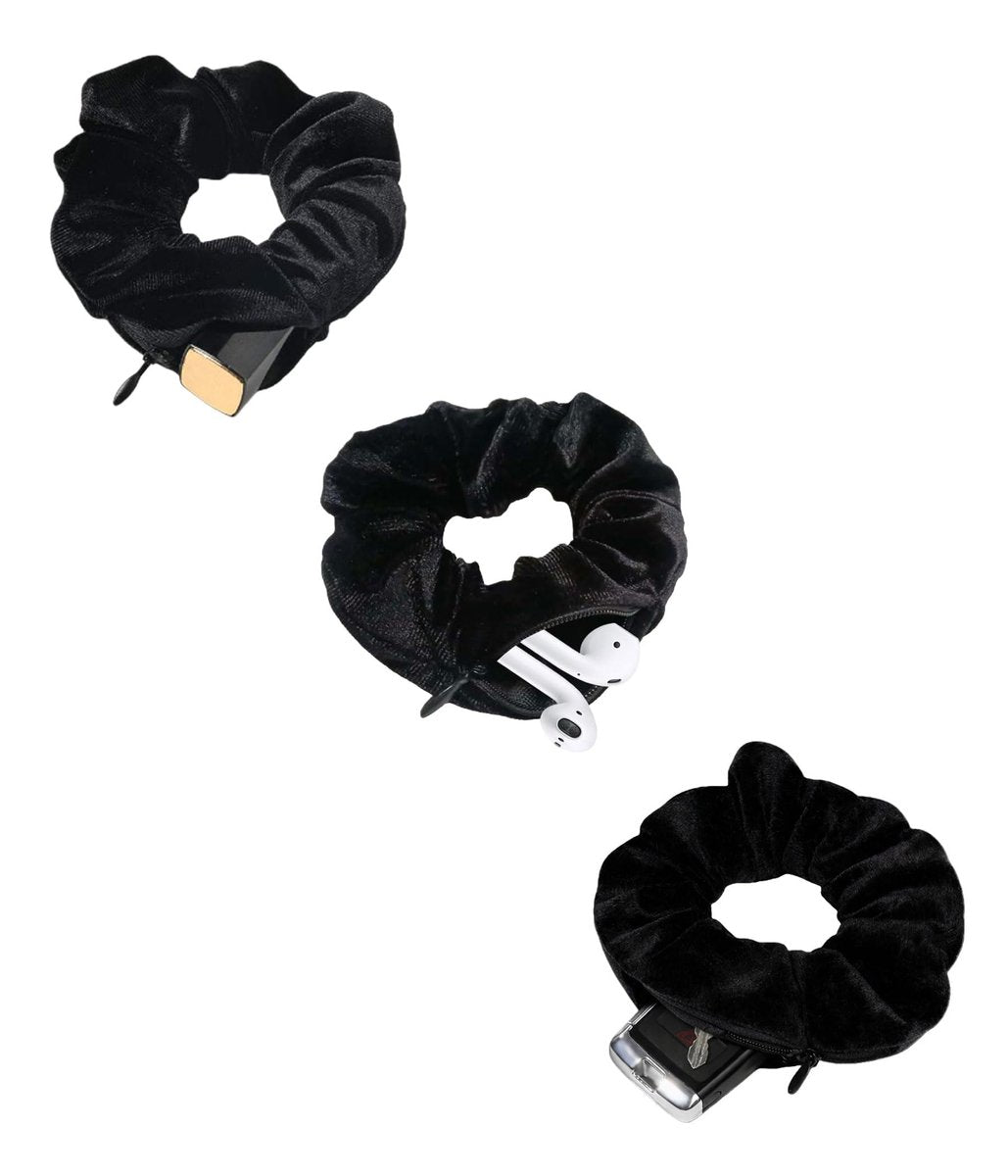 SUNEBOIZ Zipper Scrunchies - Secret Pocket Velvet Hair Ties for AirPods, Keys, Money, Lip Balm (Black, 3-Pack) - görsel 1