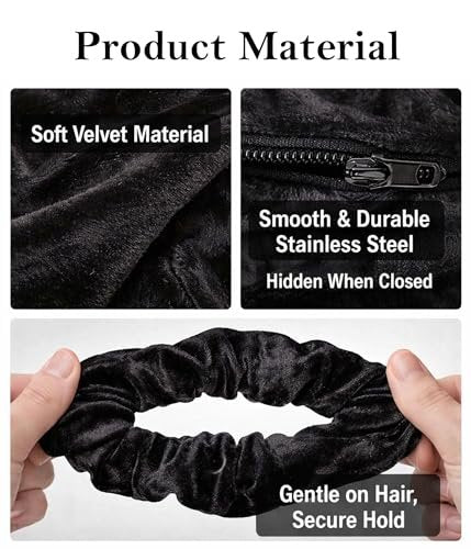 SUNEBOIZ Zipper Scrunchies - Secret Pocket Velvet Hair Ties for AirPods, Keys, Money, Lip Balm (Black, 3-Pack) - görsel 6