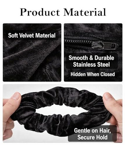 SUNEBOIZ Zipper Scrunchies - Secret Pocket Velvet Hair Ties for AirPods, Keys, Money, Lip Balm (Black, 3-Pack)