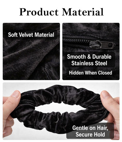 SUNEBOIZ Zipper Scrunchies - Secret Pocket Velvet Hair Ties for AirPods, Keys, Money, Lip Balm (Black, 3-Pack)
