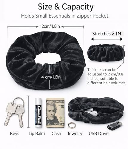 SUNEBOIZ Zipper Scrunchies - Secret Pocket Velvet Hair Ties for AirPods, Keys, Money, Lip Balm (Black, 3-Pack) - görsel 8