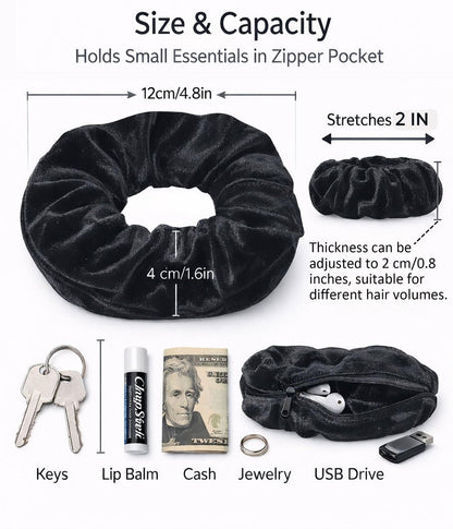 SUNEBOIZ Zipper Scrunchies - Secret Pocket Velvet Hair Ties for AirPods, Keys, Money, Lip Balm (Black, 3-Pack)