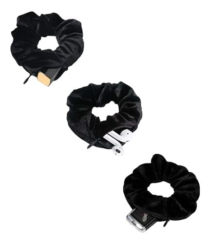 SUNEBOIZ Zipper Scrunchies - Secret Pocket Velvet Hair Ties for AirPods, Keys, Money, Lip Balm (Black, 3-Pack) - görsel 2