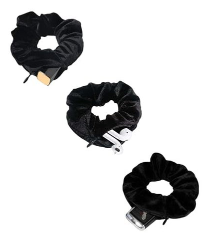 SUNEBOIZ Zipper Scrunchies - Secret Pocket Velvet Hair Ties for AirPods, Keys, Money, Lip Balm (Black, 3-Pack)