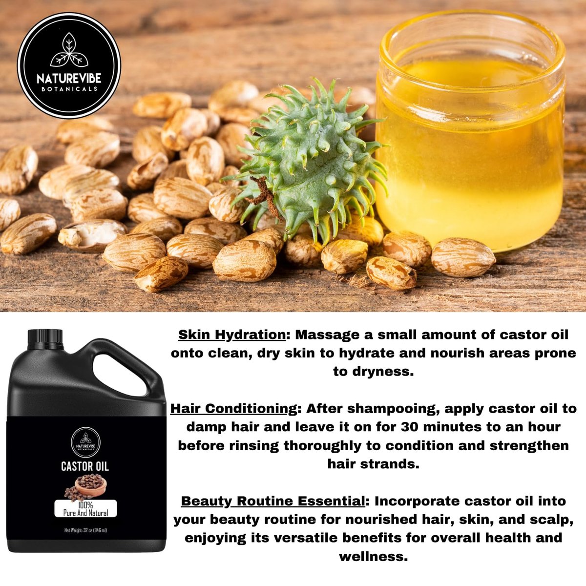 Naturevibe Botanicals 100% Pure Cold-Pressed Castor Oil 32 oz - Hexane-Free, Vegan & Non-GMO for Hair Growth, Skin Care, Eyelashes & Eyebrows - görsel 9