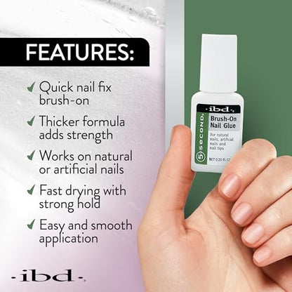 IBD 5-Second Brush On Nail Glue – Strong Nail Glue for Press Ons and Acrylic Nails, Quick-Dry Gel for Split or Broken Nails, Nail Bond & Repair – 6g, 3-Pack